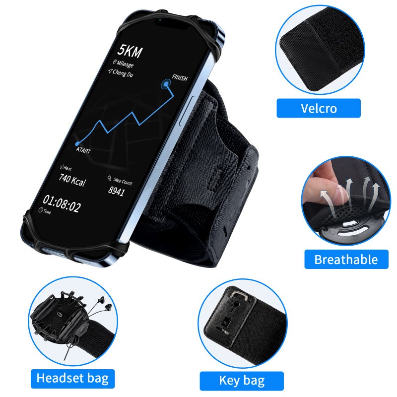 HLOMOM Wristband Phone Holder for Running, 360Â°Rotation & Detachable Sports Armband with Key Holder for iPhone 17/16/15/14/13/12/11/Pro/XS/XR/X/8/7/6/Plus, for Samsung Galaxy, Fits 4''-6.5''Phone - Image 5